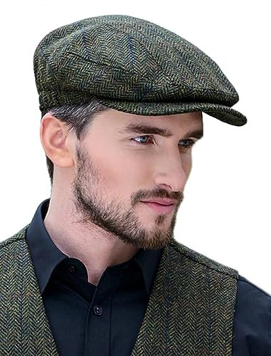 Mucros Weavers Kerry Cap Irish Hat Made in Irland, Grünes Fischgrätmuster, X-Large