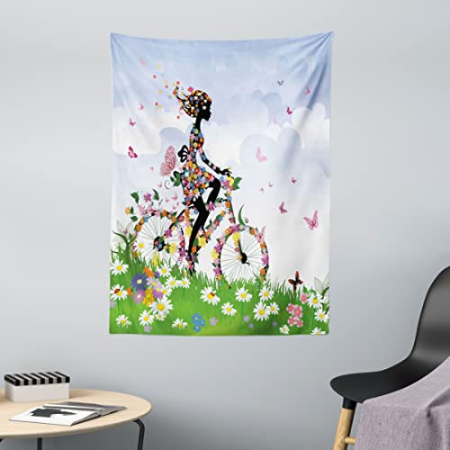 ABAKUHAUS Draußen Wandteppich, Frau auf romantischem Fahrrad mit Frühlingsblumen im Korb Natur Bild, aus Weiches Mikrofaser Stoff Wand Dekoration Für Schlafzimmer, 110 x 150 cm, Multicolor