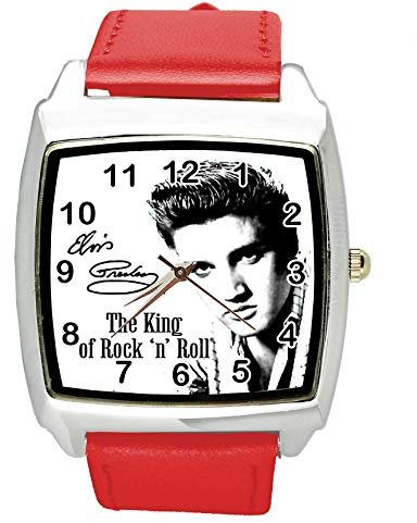 TAPORT® Armbanduhr Analog Quarz mit Echtlederband ROT Quadrat für Fan von Elvis Presley