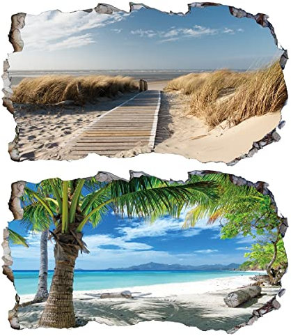 Chicbanners 2Pcs Wandtattoo Meer Strand Beach Natur Landschaft 3D Effekt XXL Wandaufkleber Fenster Selbstklebend Wandsticker für Junge Mädchen Kinderzimmer Groß 1000mmx600mm