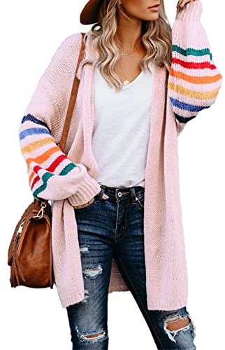 AlvaQ Women's Cardigans Long Sleeve Open Front Rainbow Striped Color Block Loose Casual Womens Oversized Cardigan Ladies Long Lightweight Knit Outwear Coat Jacket Sweaters Pink XL UK 18 20