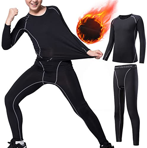 Kids Base Layer Long Sleeve Compression Skins Underwear-Boys Sports Baselayer Tights Leggings Thermal Set for Running Cycling Football Skiing110 130-135cm Black