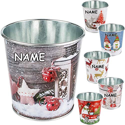Deko Topf/Metalleimer/Blumentopf - Motivwahl - inkl. Name - Weihnachten - 10 cm hoch - Metall rostfrei - Blech Eimer - rund - frostsicher - Pflanztopf Übe..