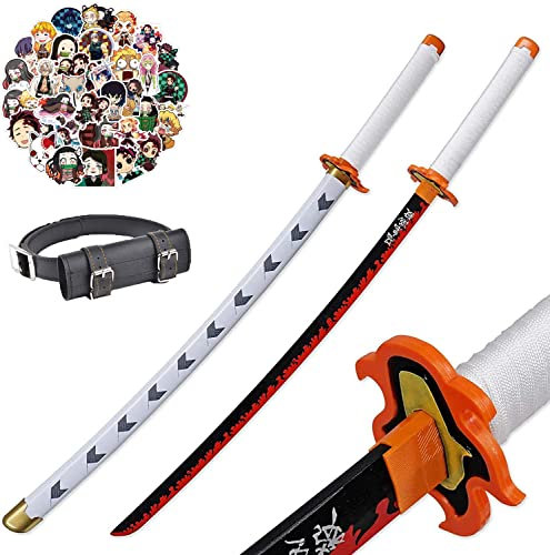 KELEBUE 104cm/80cm, Demon Slayer Cosplay, Rengoku Kyoujurou, Fait Main, Katana, Fans D'Anime, Bois Exquis, éPéEs, Objets De Collection, Cadeaux, Jouets, blanc , noir , rouge