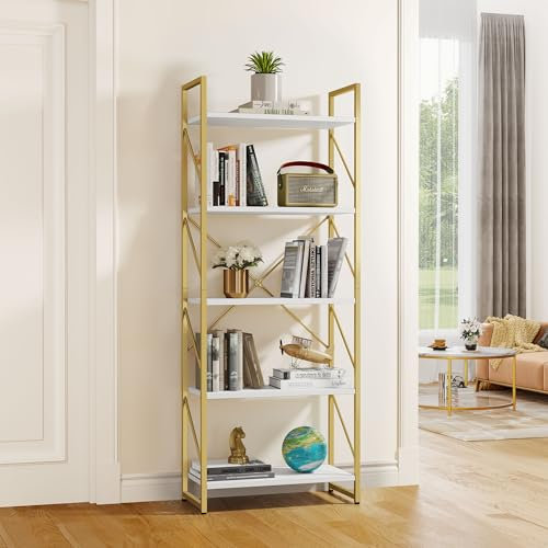 YITAHOME 5 Etagen, goldenes Bücherregal, modernes Bücherregal, Bücherregal, Aufbewahrungsregal, Regale im Wohnzimmer/Zuhause/Büro, Bücherhalter-Organizer für Bücher/Filme, Gold