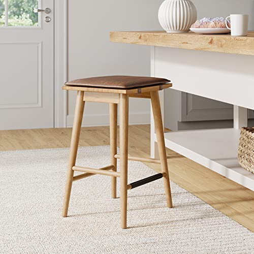 Nathan James Barker Classic Counter Height Wood Barstool with Leather Removable Cushion, Backless Island 24 Bar Stool for Kitchen, Chestnut Brown