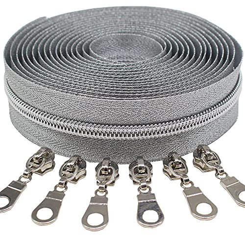 MebuZip 9 m silberfarben endlos Reißverschluss Meterware Reißverschluss Nylon 6mm-Spirale + 25 Nonlock-Zipper für Taschen Deko DIY Basteln Nähen (Silberfarben Silberfarben)