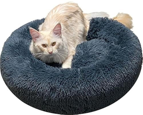 Comlax Beruhigende Donut Hundebetten Großer, Rundes Kissen mit abnehmbarem waschbarem Bezug, Anti-Angst-Kunstfell-Kuscheltier, Flauschiges, bequemes, pelziges Haustierbett (70cm, Dunkel Grau)