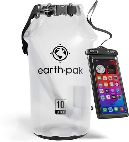 Earth Pak – Wasserdichter Packsack mit Schultergurt und wasserfester Handyhülle – Ideale Rolltop Tasche beim Kajak Fahren, Wandern, Camping, Angeln, Bootfahren und Rafting (Klar, 10L)