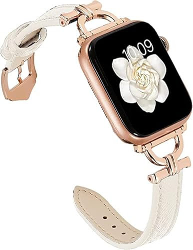 Miimall Compatible with Apple Watch 41mm/40mm/38mm Leather Strap, Slim Adjustable Band with Metal D-Shaped Strap Connector for Women, Replacement Bracelet Strap for iWatch 9 8 7 6 5 4 3 2 1 SE, White