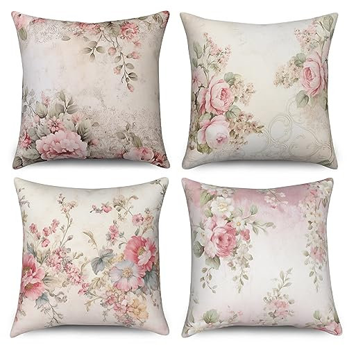 ASDCXZ Kissenbezug Retro Blumen 45x45 cm 4er Set, Retro Rose Blume Blätter Sofa Kissen Dekokissen Kissenbezüge Kissenhülle Waschbar Polyester Flachs Textil Outdoor Polster Kopfkissenbezug Kissen Bezug