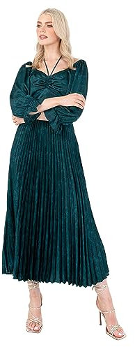 Lovedrobe Women's Midaxi Dress Ladies Emerald Green Pleated Empire A-Line High Waist Tie Neck Wedding Guest Cocktail Evening Prom Robe, Vert Émeraude, 42 Femme