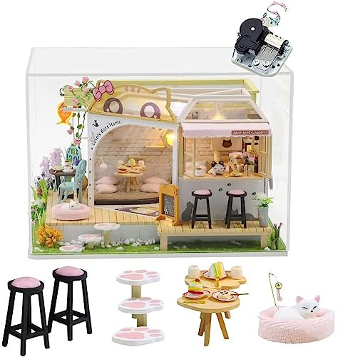 DIY Cat Cafe Miniatur Puppenhaus Kit mit LED-Licht, 1:24 Maßstab handgemachte Katze Kaffee Garten Puppenhaus, kreative Geburtstagsgeschenk für Teenager Kind (mit Spieluhr und Kanaldeckel)