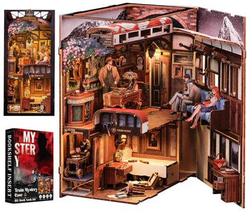 Cutefun DIY Book Nook - Puppenhaus Kitaus Holz mit Staubschutzhülle,DIY Miniatur Puppenhaus Bücherecke Bibliothek Häuser Modellbausätze mit LED Leuchten Bücherregal Dekor (Train Mystery Case)