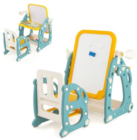 DREAMADE 4 in 1 Kinder Staffelei mit Stuhl, höhenverstellbare Kinderstaffelei mit Stauraum, Whiteboard, Teleskop & Ringwurfspiel, Kindertisch Aktivitätstisch Zeichentisch für Kinder von 1-8 Jahren