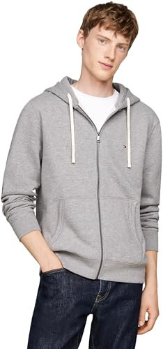 Tommy Hilfiger Herren Hoodie mit Reißverschluss Essential Fleece Zip Through mit Taschen, Grau (Medium Grey Heather), S