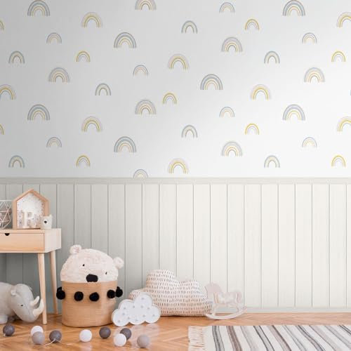 Rainbows and Wood Slats 2 in 1 Vinyl Wallpaper, Multi and White