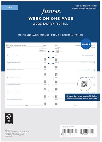 Filofax A5 Woche pro Seite, 4-sprachiger Terminplaner für 2025
