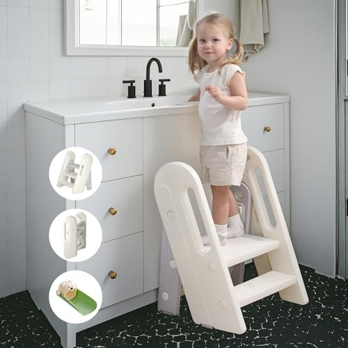 hoopyosms Scaletta Bambini Pieghevole, Sgabello Bambini per Bagno e Cucina, Altezza Regolabile, Antiscivolo, Sedile per WC per Apprendimento, Grigio