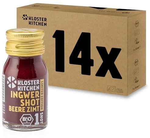 Kloster Kitchen Bio Ingwer Shot Beere Zimt 1SHOT 14x 30 ml mit Ingwerstückchen I Limited Edition Ingwershot vegan Glasflasche süß-scharf ohne Zusatzstoffe & mit natürlicher Süße