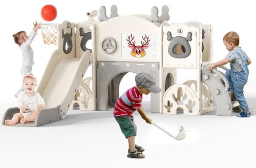 Krovtoy Toboggan 7 en 1 pour Tout-Petits, sur Le thème de l'élan de Noël avec Ensemble de Golf, Toboggan pour bébé pour Tout-Petits de 1 à 3 Ans (Gris Beige- 7 en 1)