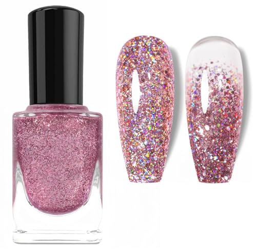 Glitter Nail Polish,Quick Dry Nail Varnish,Pink Shimmering Sparkly Nail Polish Holographic Rose Gold Nail Paint,High Glossy Long Lasting Nail Art No Need UV DIY Nail Art (Pink)