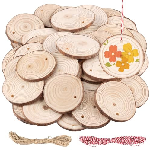 SINJEUN 100 Stück Holzscheiben 6-7 cm, Klein Natur Baumscheiben mit Loch und Seil, Unvollendete Holzscheiben zum Basteln, Naturholzscheiben für DIY Handwerk, Deko
