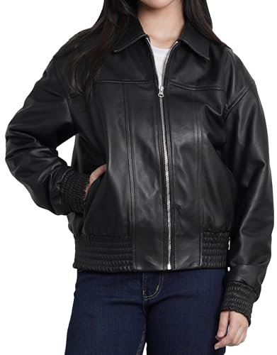 Decrum Schwarze Lederjacke für Damen, Bomber-Stil, übergroß, lässig, Damen-Lederjacke, Schwarz - Ollie Oversize Damen Lederjacke, L