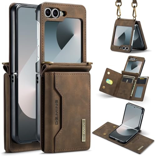DG.MING Funda tipo cartera para Samsung Galaxy Z Flip 6, funda de piel plegable con 5 ranuras para tarjetas y 3 ranuras para efectivo, funda de teléfono a prueba de golpes con cordón para mujer (café)