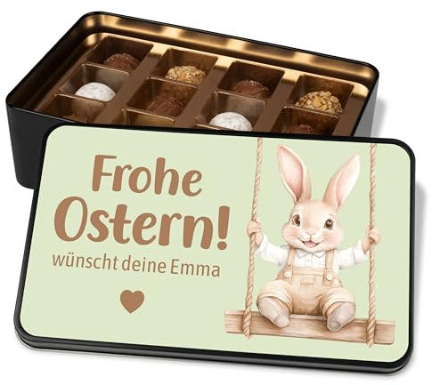 True Statements Personalisierte Schokolade - Geschenkdose „Frohe Ostern“ - Ostergeschenk mit Name/Wunschtext – Ostergrüße - Osterhase auf Schaukel – Geschenkbox mit 12 Confiserie-Pralinen