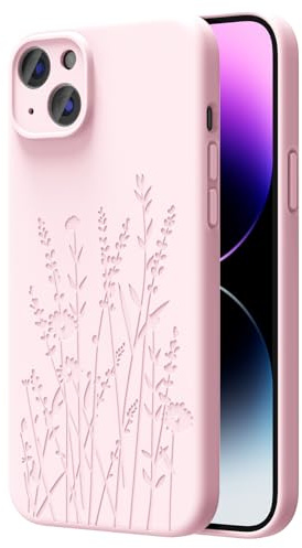 OAOA Magnetic Engraved Case Compatible with iPhone 14 Case, Compatible with Magsafe, Camera All-Round Protection, Slim Liquid Silicone Phone Case for Women Girls, Chalk Pink Flower