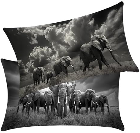 Kissenbezug 50 x 80cm Afrika 2er Set Sofakissen Doppelnähten Versteckter Reißverschluss Elefant Wasserfestem Leinen Outdoor Kissen gelten für Terrassen-Gartenbank Sofa Wohndeko Schlafzimmer BY6 F-4