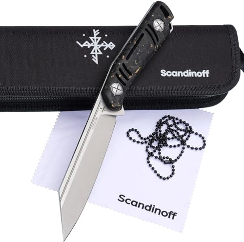 Scandinoff STEELETON 130 - feststehendes Messer mit SANDVIK 14C28N - Modern SEAX - Carbon Fiber Griffe - G10 Griffe - Outdoor, Bushcraft, EDC, Wandern, Camping, und Militär - Kydexscheide (Fiber Gold)