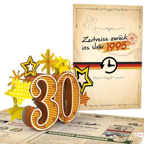 papercrush® Pop-Up Karte „Zurück ins Jahr 1995“ - Lustige 3D Geburtstagskarte zum 30. Geburtstag für Frau & Mann - Besondere Glückwunschkarte 30 Jahre mit lustigen Fakten zum Jahrgang