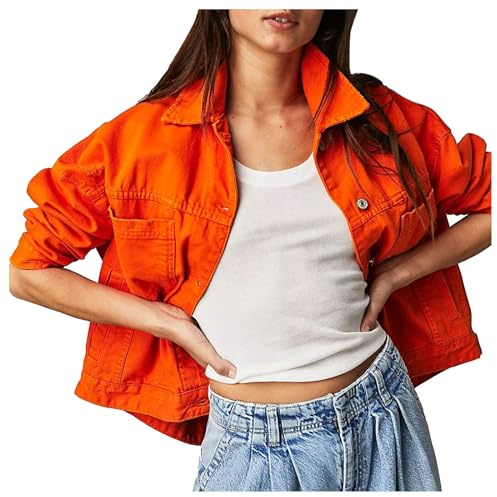 Manteau en cachemire pour femme - Veste courte en jean avec boutons - Poches - Manteau chaud doublé, Orange, XL