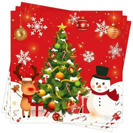 40 Stück Weihnachtsservietten 33x33 – Festliche Servietten Weihnachten mit Tannenbaum & Schneemann Motiv – Dreilagige Weihnachts Servietten für Tischdeko & Feiern