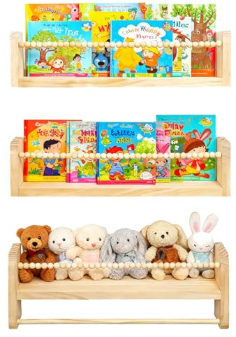Nursery Shelves Floating Book Shelf for Wall Wooden Floating Book Shelves Set of 3 Kids Bookshelf with Hanging Rail Wood Shelf Storage Organiser for Kitchen Spice Rack Kids Room Bedroom Living Room