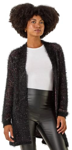 Roman Women Fluffy Cardigan Ladies Winter Cardi Longline Edge to Edge Ombre Coatigan Casual Sparkly Glittery Jacket Knitwear Knitted Autumn Fleecy Cosy Soft Coats