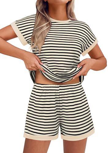 Ekouaer Damen Schlafanzug Kurz Streifen Zweiteiler Pyjama Strukturstrick | Loungewear mit Taschen, Kurzarm Pyjama Set Sommer, angenehmer Waffelstoff, Rundhalsausschnitt, lockere Passform, gestreift