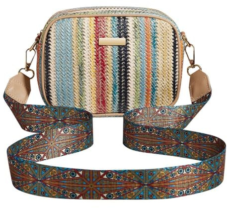 XFSRG Strandtasche Damen Handy Umhängetasche Crossbody Bag Sommer Strohtasche mit Verstellbarem Breitem Gurt Abnehmbarer Schultergurt für Urlaub Reisen und Alltag