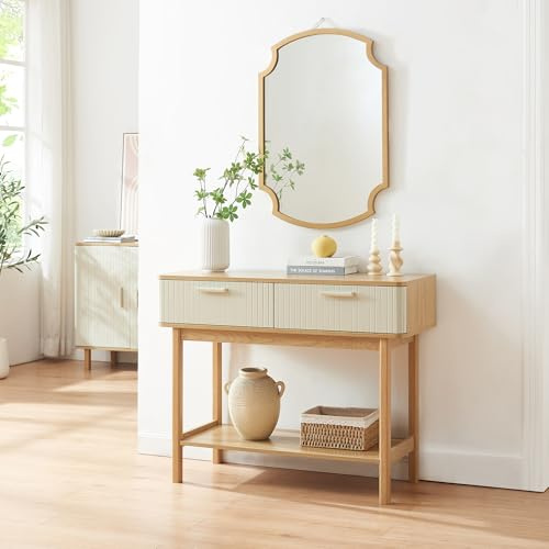 [en.casa] Konsolentisch schmal Ferrersp Flurtisch mit 2 Schubladen geriffelt rechteckig Ablagetisch Holzgestell 100 x 40 x 80 cm Eicheoptik/Sandfarben