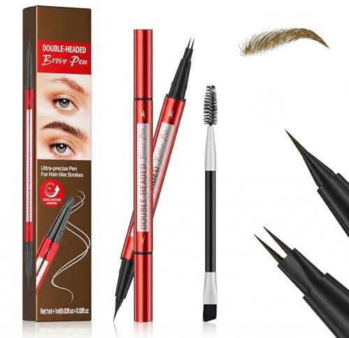 Lápiz de Cejas Microblading de Doble Punta Rotulador Impermeable con Punta de 2 Dientes y 1 Diente Maquillaje Tinte de Cejas a Prueba de Manchas Efecto Pelo Natural con Cepillo Marrón Claro