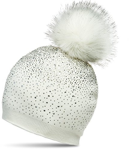 Caspar MU188 Damen Fein Strick Glitzer Strass Winter Mütze mit Fellbommel, Farbe:Weiss, Größe:One Size