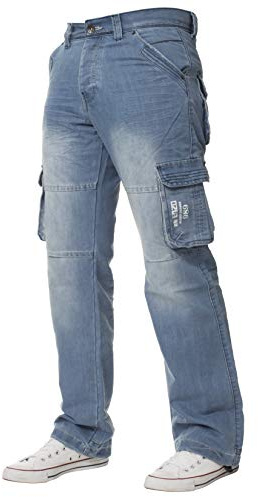Ze ENZO Pantaloni Jeans Denim Cargo da Combattimento Firmati per Uomo Stonewash Chiaro 30W / 32L