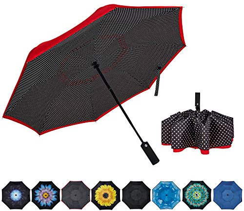 NOORNY Umgekehrter Regenschirm, doppellagig, automatisch, faltbar, winddicht, UV-Schutz für Regen, Auto, Reisen, Outdoor, Herren, Damen, 10. Rote Punkte