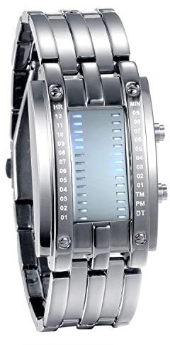 JewelryWe Paar Uhren Digitaluhr Silber Edelstahl Binäre Uhr Rechteck Bezel LED Sportuhr Blau LED Licht Kalender Mode Cool Partner Armbanduhr für Herren