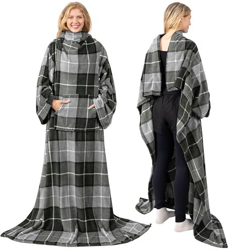 PAVILIA Premium Fleece Blanket with Sleeves for Adult, Women, Men | Warm, Cozy, Extra Soft, Microplush, Functional, Lightweight Wearable Throw (Plaid Charcoal, Kangaroo Pocket)