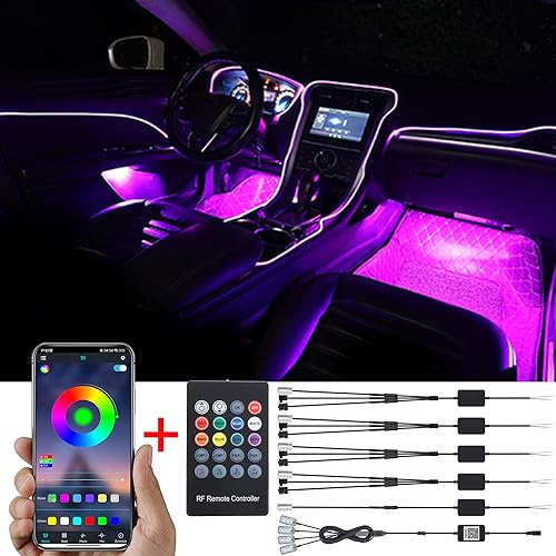 TABEN Lumière ambiante Contrôle APP + Télécommande RGB Lampe d'ambiance de Voiture Soft DIY Refit 6m Bande de Fibre Optique 64 Couleurs Intérieur Footwell Éclairage Décoratif Lumière 1W DC 12V-24V