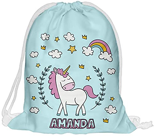 Kinder Turnbeutel mit Namen Beutel Fullprint Tasche Gymsac Jutebeutel Print Bag Fitness Junge Mädchen Unicorn Cloud [010]