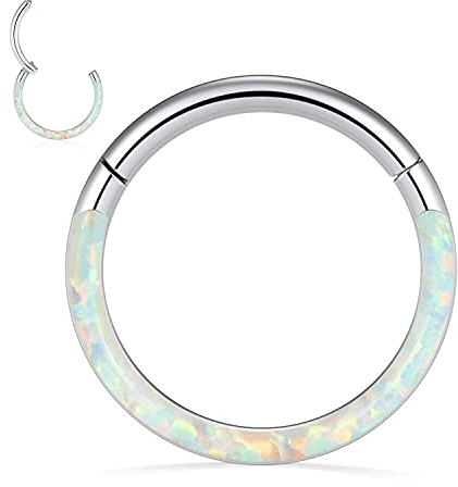 hengkaixuan G23 Titan Septum Schmuck 18G Daith Ohrringe Weißer Opal Septum Clicker Ring Silber Nahtloser Higned Segment Ring Rook Conch Knorpel Helix Creolen Nasenring Piercing Schmuck 6mm